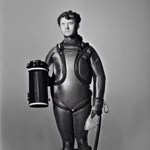 Prompt: photo of a diver wearing an old diving suit holding an electric guitar. detailed. colorized