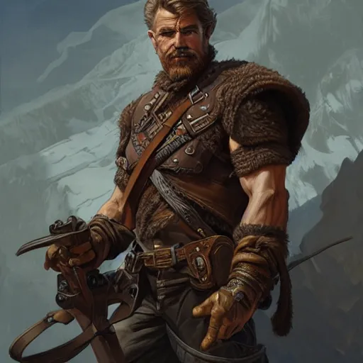 Image similar to portrait of a ruggedly handsome ranger, coherent hands, muscular, full body, leather, hairy, d & d, fantasy, intricate, elegant, highly detailed, digital painting, artstation, concept art, smooth, sharp focus, illustration, art by artgerm and greg rutkowski and alphonse mucha