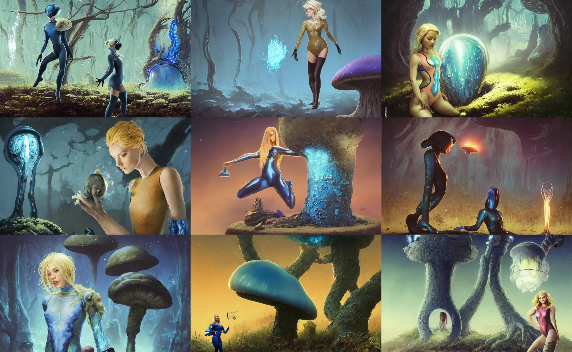 Prompt: A mixed media portrait painting of a beautiful blonde biologist woman, nanosuit leotard and boots, examining a giant blue glowing mushroom in a mire, detailed Aesthetic! face and eyes, slavic, by Beeple, Frank Frazetta, Greg Rutkowski, Christian MacNevin, Boris Vallejo, epic fantasy character art, high fantasy, CGsociety, 60's Sci-fi Pinup, exquisite detail, post-processing, masterpiece, cinematic, crysis