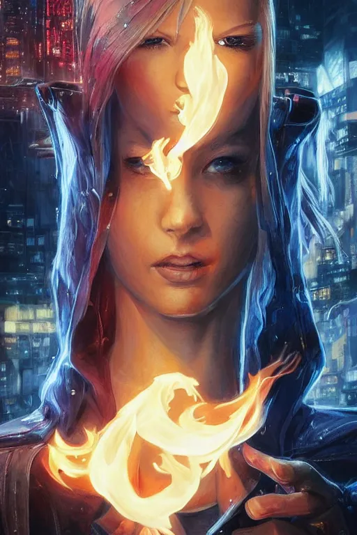 Image similar to wonderful young blonde woman with flames dancing on her hands with a long jacket in a cyberpunk city, realistic mouth, realistic, high definition, detailed and symetric face, detailed and realistic hands, expressive eyes, 4 k, shimmering color, art by artgerm ans greg rutkowski and magali villeneuve