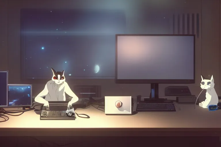 Image similar to a nerdy caracal is programming at a computer in a room full of gadgets, by makoto shinkai and ghibli studio, dramatic lighting, highly detailed, incredible quality, trending on artstation