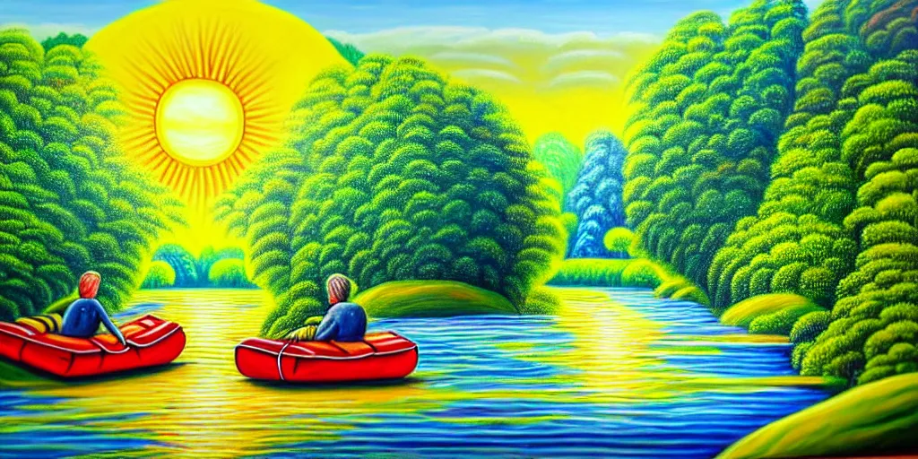 Image similar to A very detailed painting in the style of featuring a river in Europe surrounded by trees and fields. A rubber dinghy is slowly moving through the water. Sun is shining. Psychodelic painting