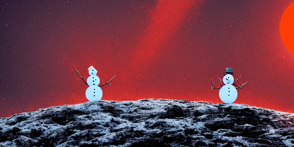 Prompt: a snowman standing on top of the sun. the ground is made of fire and lava and is glowing orange. cinematic, dramatic, volumetric lighting, atmospheric, red, orange extremely coherent, 8 k, space