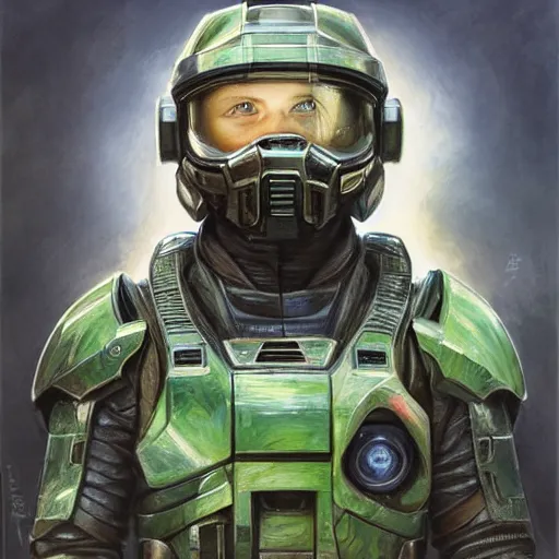 Image similar to Greta Thunberg as master chief portrait art by Donato Giancola and Bayard Wu, digital art, trending on artstation, 4k