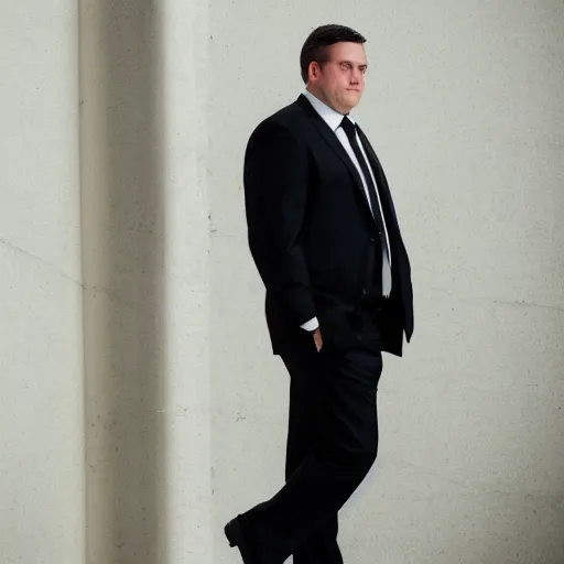 Prompt: clean - shaven chubby white man wearing white dress shirt, necktie, and dress trousers holding a black dress shoe. iq 4, f / 1. 4, iso 2 0 0, 1 / 1 6 0 s, 8 k, raw, dramatic lighting, symmetrical balance, in - frame