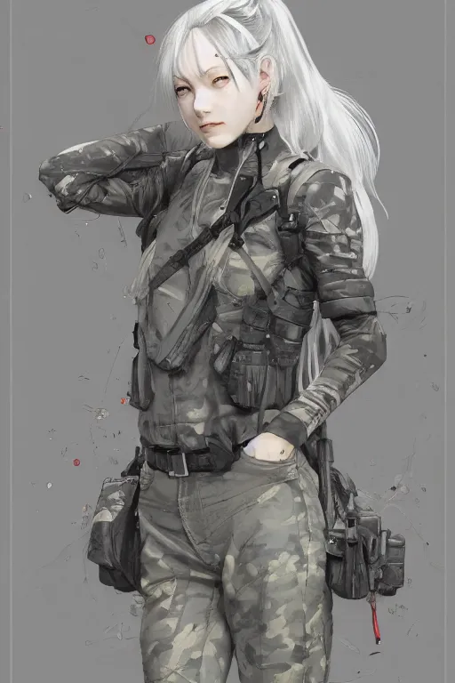 Prompt: girl, silver hair (ponytail), ((winking)), multicam (camo), trending on artstation, detailed, cinematic portrait, ilustration by Takehiko Inoue ((((and Yoann Lossel))))