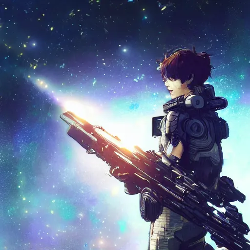 Image similar to bokeh, beautiful detail, stars in the sky, cybernetic, sci-fi space game art, jeon Jungkook holding a gun. alien planet art by Akihito Yoshitomi AND Yoji Shinkawa AND Greg Rutkowski, Mark Arian trending on artstation