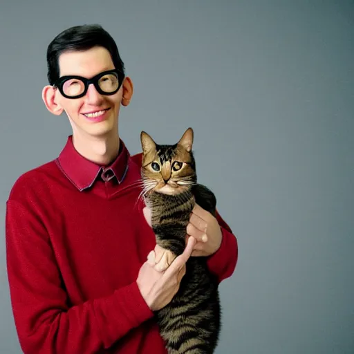 Image similar to an album of neil cicierega holding a cat, in a red color style, in a railroad background