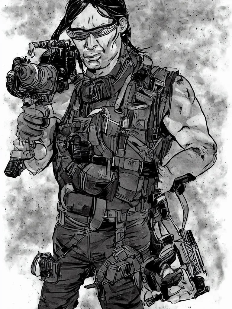 Image similar to muscular man, black vest with no shirt underneath, goggles around his neck, cargo pants, ammo belt, holding a blaster, long black hair in a ponytail, five o' clock shadow, comic book art, full body shot