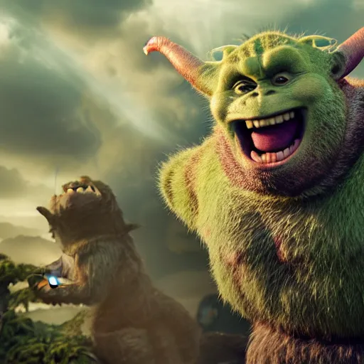 Image similar to ryan reynolds godzilla yoda donkey kong pikachu yeti shrek spongebob homer groot rick sanchez elsa, highly detailed, extremely high quality, hd, 4 k, 8 k, professional photographer, 4 0 mp, lifelike, top - rated, award winning, cinematic, realistic, detailed lighting, detailed shadows, sharp, no blur, edited, corrected, trending