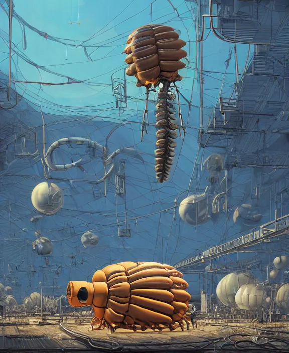 Prompt: inflated industrial plant made from obese isopod mollusk octopus, in the style of puffy spaceship, skeletons, bones, partly cloudy, spooky, dramatic lighting, by geof darrow, bill sienkiewicz, dan mumford, yusuke murata, makoto shinkai, ross tran, cinematic, unreal engine, cel shaded, featured on artstation, pixiv