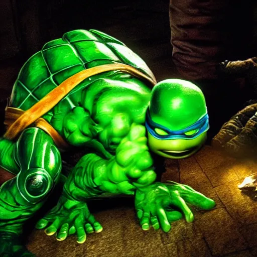 Image similar to teenage mutant ninja turtle, epic action movie still, hyper realistic award winning creature photography, epic volumetric lighting, border of glowing green radioactive ooze dripping, detailed face, golden ratio