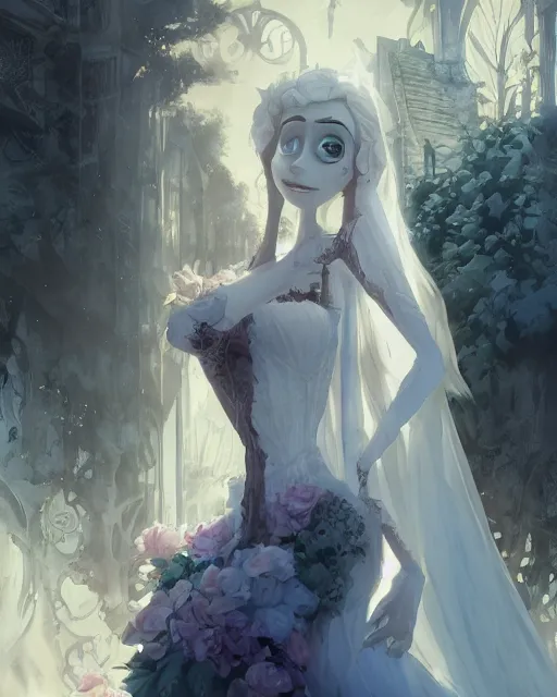 Image similar to still film, elegant mysterious gracious undead victoria everglot from the corpse bride if made by krenz cushart and wenjun lin, portrait, illustration, rim light, top light, summer clear blue sky, perfectly shaded, soft painting, epic, intricate, art