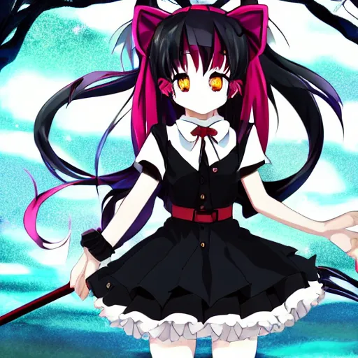 Image similar to Anime Screenshot of a “red-eyed black-haired anime fox girl” wearing black fingerless-gloves, high-waist-black-skirt, white-collared-shirt blue-open-jacket, black-necktie, unsheathing her katana, white background, visual-key, anime illustration, pixiv, anime-twitter