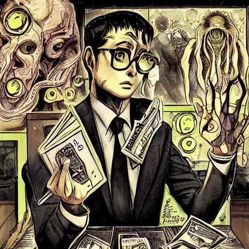 Image similar to Cthulhu as a modern day business man with a family and a drug and gambling addiction, necronomicon is the family Bible , Junji Ito and Greg rutkowski, psychedelic , 50s style infomercial , award winning , retro futuristic