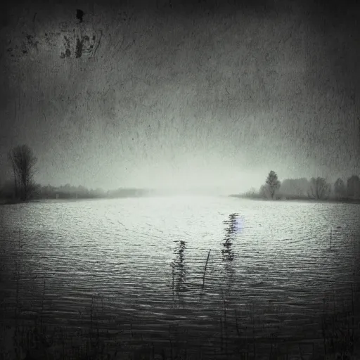 Prompt: Album Cover art for a dark ambient music project depicting a small german town being flooded