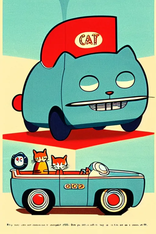 Image similar to by richard scarry. a cat shaped car. a 1 9 5 0 s retro illustration. studio ghibli. muted colors, detailed