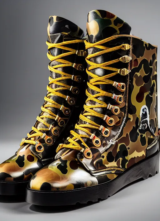 Image similar to hyperrealistic and heavy detailed product photo bape avant garde boots of movie the fifth element, in front of white back drop, whole shoe is in picture, leica sl 2 5 0 mm, vivid color, high quality, high textured, real life