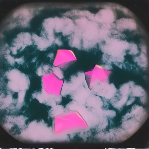 Prompt: polaroid of diamonds made from cotton candy, smoke, and clouds, mix, DADA collage, texture, lomography, fashion neon light in darkness