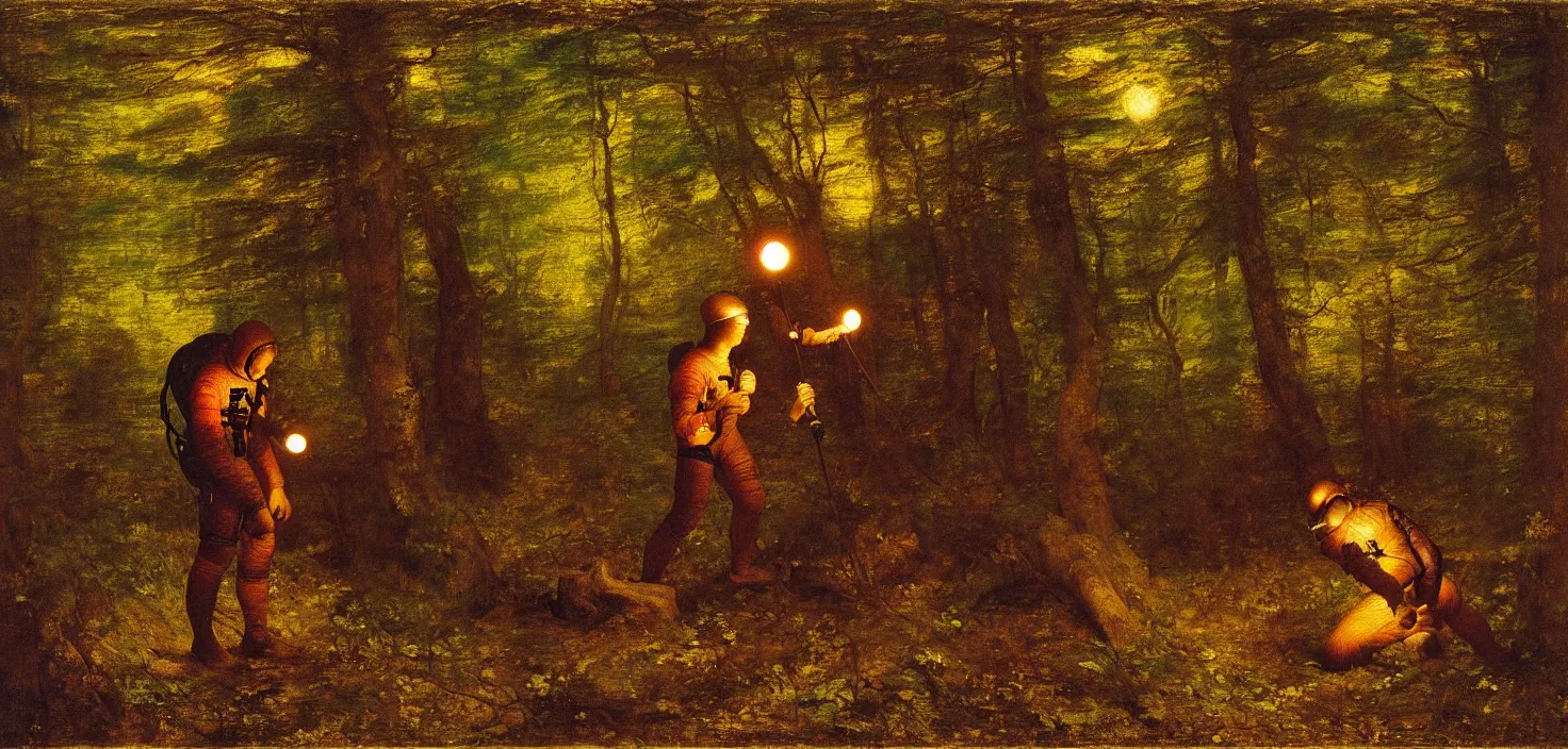 Image similar to an astronaut is in the woods, holding a torch ， by george frederick watts 1 8 8 6