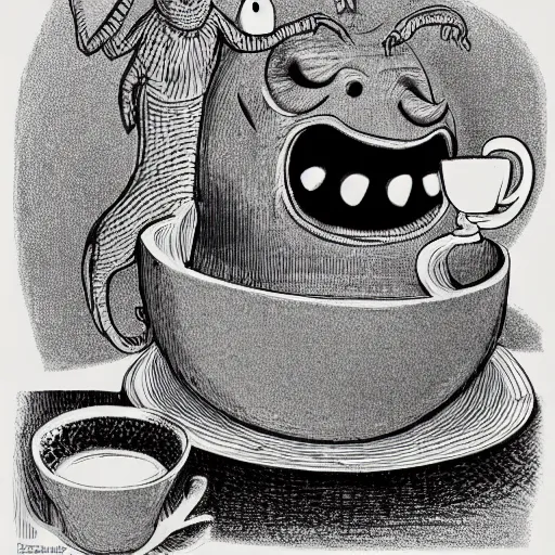 Prompt: highly detailed illustration of a monster smiling like crazy and dancing holding a beautiful steaming cup of coffee, style of Japanese illustration, Maurice Sendak, Tove Jansson