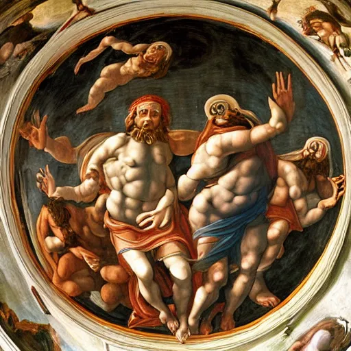 Prompt: realistic biblical painting of the flying spaghetti monster, on the ceiling of the sistine chapel, painted by michaelangelo