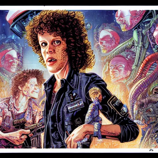 Image similar to portrait of crazy ellen ripley with aliens around, symmetrical, by yoichi hatakenaka, masamune shirow, josan gonzales and dan mumford, ayami kojima, takato yamamoto, barclay shaw, karol bak, yukito kishiro