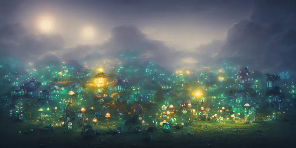 Prompt: bioluminescent mushroom village by tom bagshaw, rococo, intricate, detailed, photorealistic imagery, artstation render inspired by alena aenami 8 k