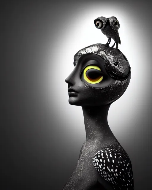 Prompt: surreal mythical dreamy dark artistic black and white fine art photo of a monumental wax sculpture of a female - orchid - owl - cyborg with a luminous brain, rim light, cinematic, studio dramatic light, poetic, octane render, 8 k, photo - realistic, by floria sigismondi and dora maar