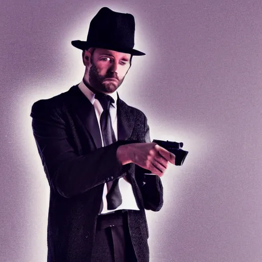 Image similar to character of a man in black suit and black hat, he has a pistol, dark colours style, 4 k, highly detailed, digital art, strong shadows, high contrast, epic scene, atmospheric, cold colours