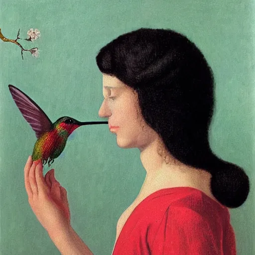Prompt: Self-Portrait with Thorn Necklace and Hummingbird in style of Rene Magritte