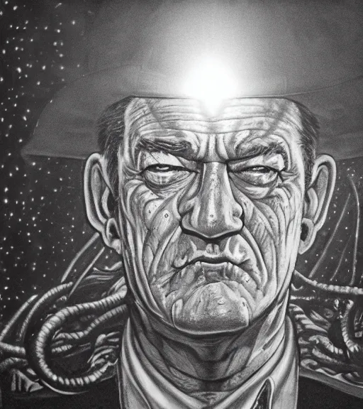 Image similar to profile picture of lovecraftian john wayne, surrounded by beams of light dark background by wayne barlow, stanley donwood, anton semenov, zdzislaw bekinski, hr giger, 8 k, fantasy, dark, highly detailed