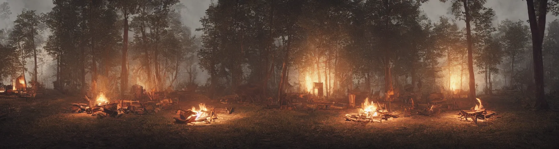 Image similar to longhouse, campfire, teepee, very detailed, octane render, realistic, 8 k, unreal engine 5, dramatic, volumetric, mountain, morning, greg rutkowski