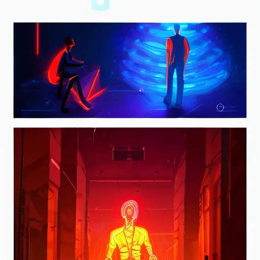 Prompt: fiery prometheus gives a glowing computer to a man who reaches for it with arm outstretched, glowing binary code, bioluminescence, digital painting bioluminance alena aenami artworks in 4 k design by lois van baarle by sung choi by john kirby artgerm style pascal blanche and magali villeneuve