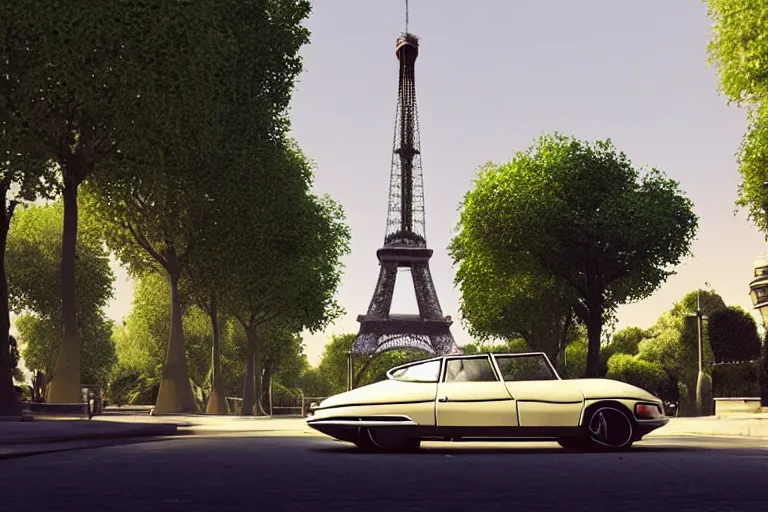 Image similar to a wholesome animation key shot of!! one!! focused! 1 9 7 4 citroen ds! in a tree lined paris street, view of eiffel tower, medium shot, studio ghibli, ( pixar ) and disney animation, sharp, very detailed, high resolution, rendered in unreal engine 5, anime key art by greg rutkowski, bloom, dramatic lighting