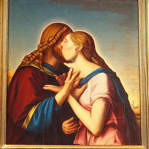 Image similar to an oil panting of a jesus kissing maria maddalena