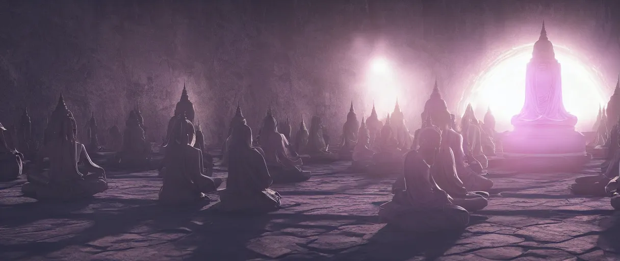 Image similar to ' witches meditating near buddhist stupa, high - tech space cult, dramatic lighting, epic, octane render, volumetric light, unreal engine, artbreeder, 8 k, background, scene, digital, artwork, high quality, 8 k''