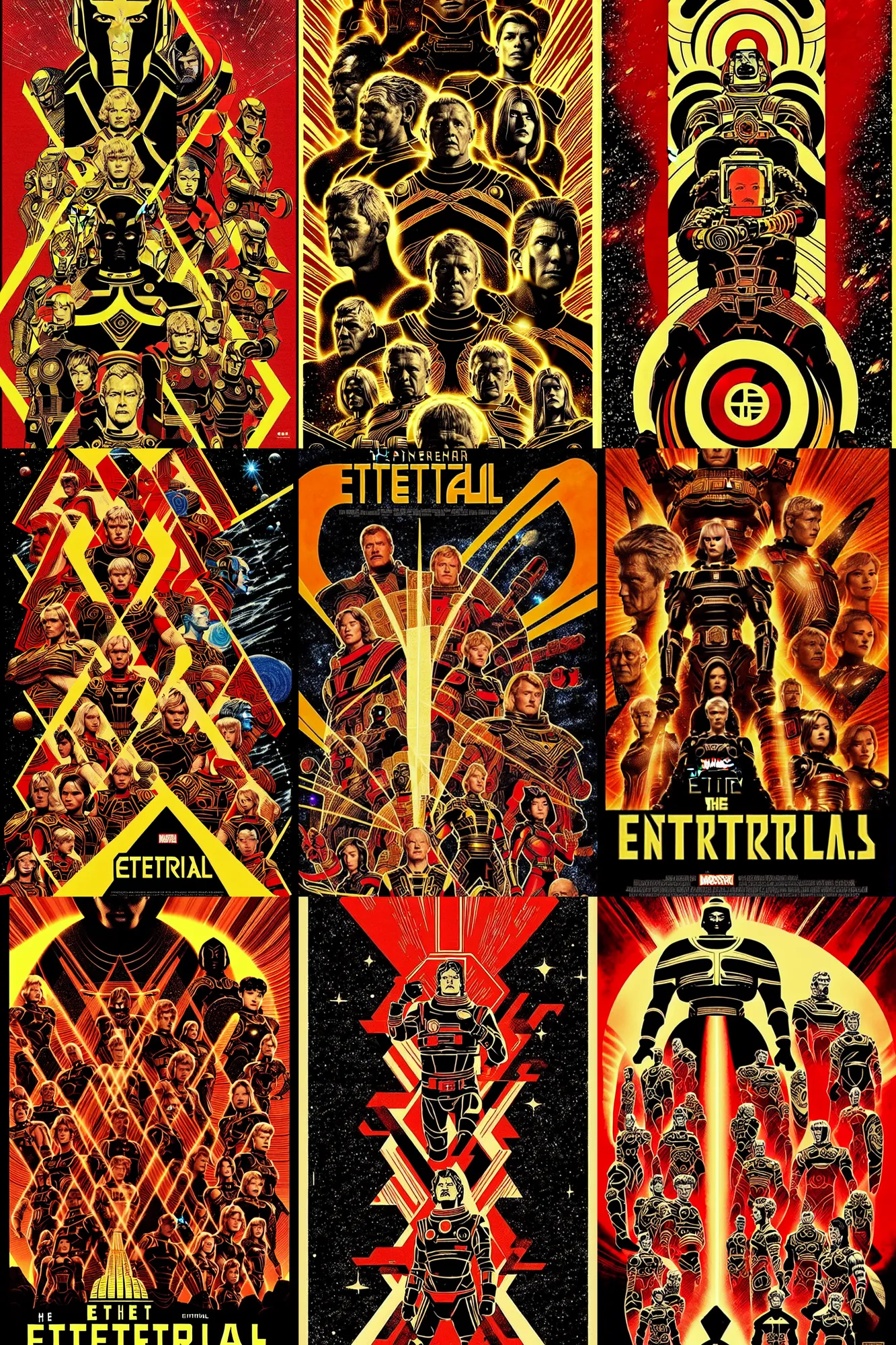 Prompt: the eternals movie poster (2021) in the style of wood block prints, limited palette, highly detailed, full size, centered mass, epic, dark background of outer space, main cast, collage, award winning