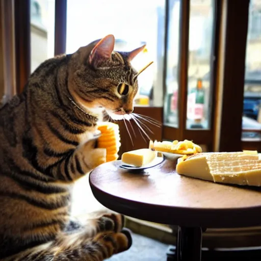 Image similar to Brown tabby cat eating cheese and wine in a Parisian cafe