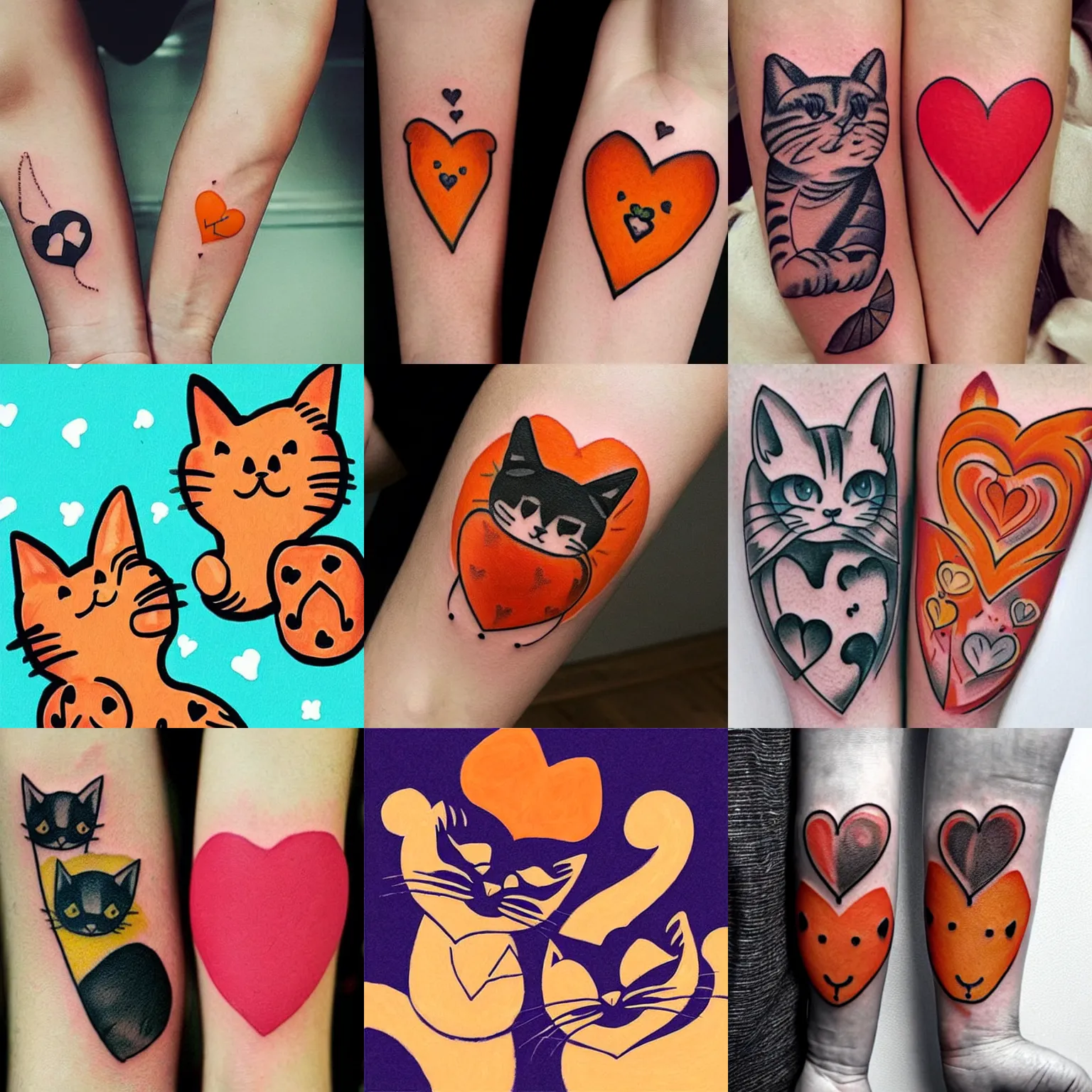Prompt: cute tattoo two cats lying in the shape of a heart, one of orange and white the other is brown striped, neotraditional modern, instagram highlights, flash sheet, colorful