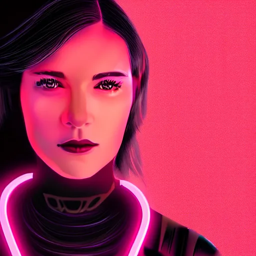 Prompt: digital artwork of woman wearing technological neon collar, cyberpunk art style, 4K, portrait,