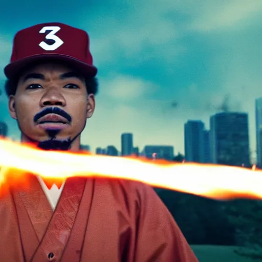 Image similar to cinematic film still of Chance The Rapper starring as a Samurai holding fire, Japanese CGI, VFX, 2022, 40mm lens, shallow depth of field, film photography