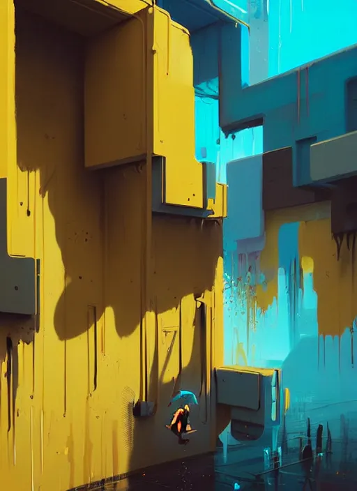 Image similar to matte painting extreme offset 3 d calligraphy graffiti mural dripping paint wall extreme maximalism by atey ghailan, by greg rutkowski, by greg tocchini, by james gilliard, by joe fenton, yellow, brown, black and cyan color scheme, octane render