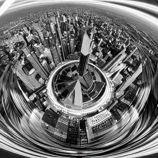 Image similar to city in space, art deco, fisheye lens