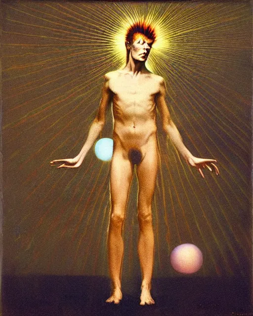 Image similar to david bowie as a ziggy stardust levitating and surrounded by transcendental light by jean auguste dominique ingres, luminous orbs, labyrinthine, sacred, mystical