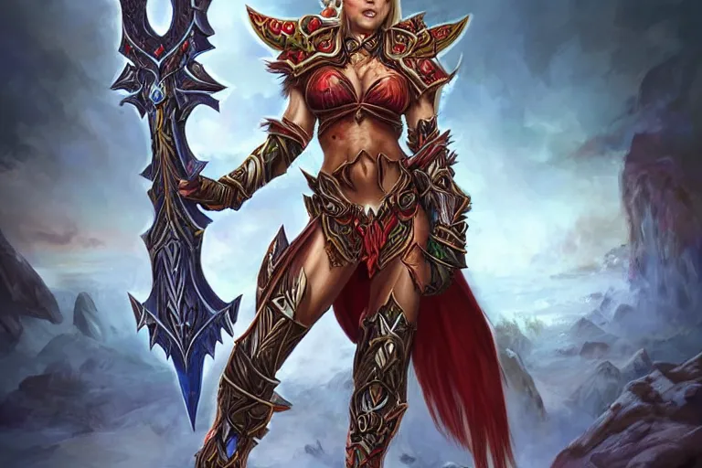 Image similar to a beautiful and strong female warrior blood elf, world of warcraft, by boris valejo and frank franzetta