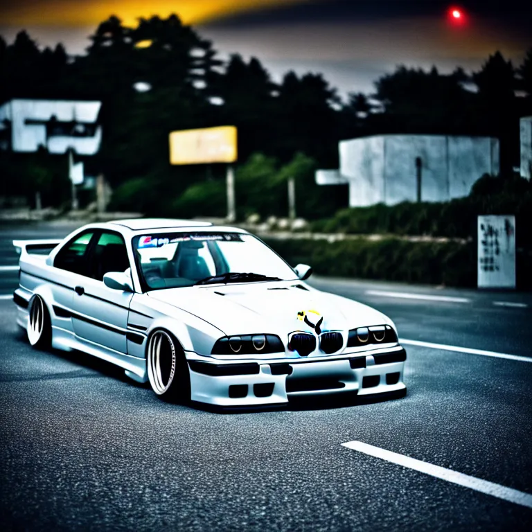 Image similar to close-up-photo BMW E36 turbo illegal meet, work-wheels, Gunma prefecture, middle of the night, cinematic color, photorealistic, high detailed deep dish wheels, highly detailed, custom headlights, neon underlighting