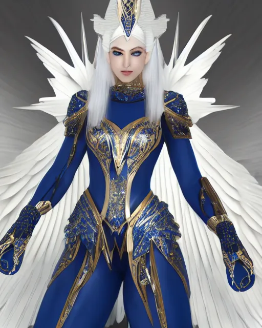 Image similar to perfect white haired egyptian goddess wearing white dove wings, warframe armor, regal, attractive, ornate, sultry, beautiful, ice queen, half asian, pretty face, blue eyes, detailed, scifi platform, 4 k, ultra realistic, volumetric lighting, illuminated, cinematic, masterpiece, art by akihito tsukushi, voidstar