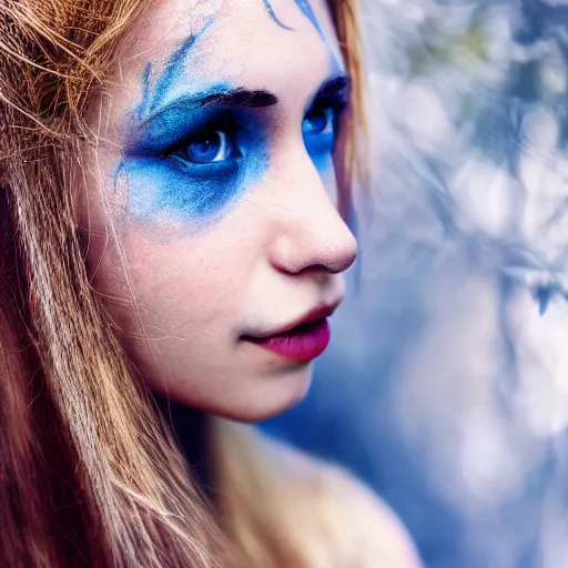 Image similar to a beautiful photo portrait of a forest elf, blue and golden hair, 8k, photography,