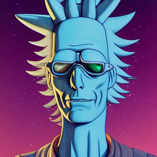 Image similar to 1 0 7 7 bender futuristic rick sanchez futurama portrait by charles vess and james jean and erik jones and rhads, inspired by ghost in the shell, beautiful fine face features, intricate high details, sharp, ultradetailed